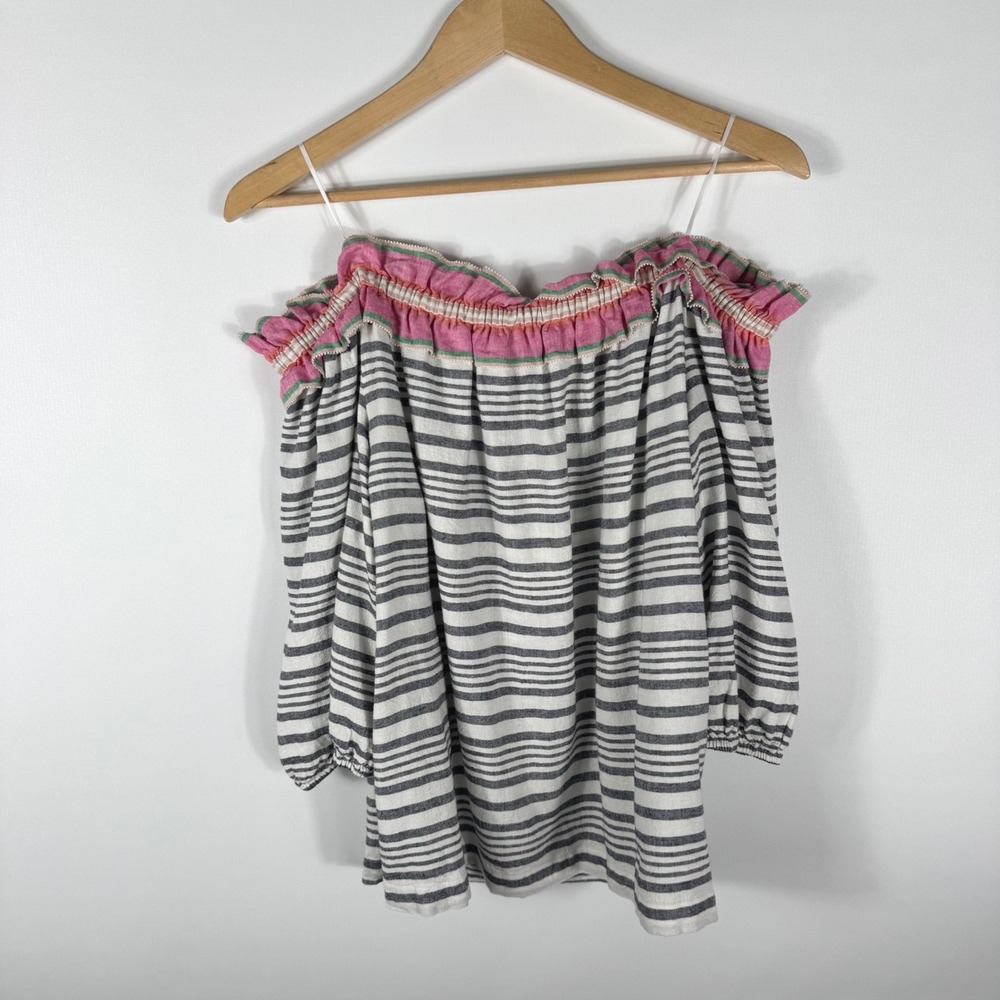Trina Turk Off Shoulder Striped Linen Blouse Womens XLPineapple Top Grey Pink - Picture 3 of 8
